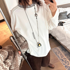 松驰感领口针织拼接大版T恤衫女25早秋新款宽松显瘦百搭长袖上衣