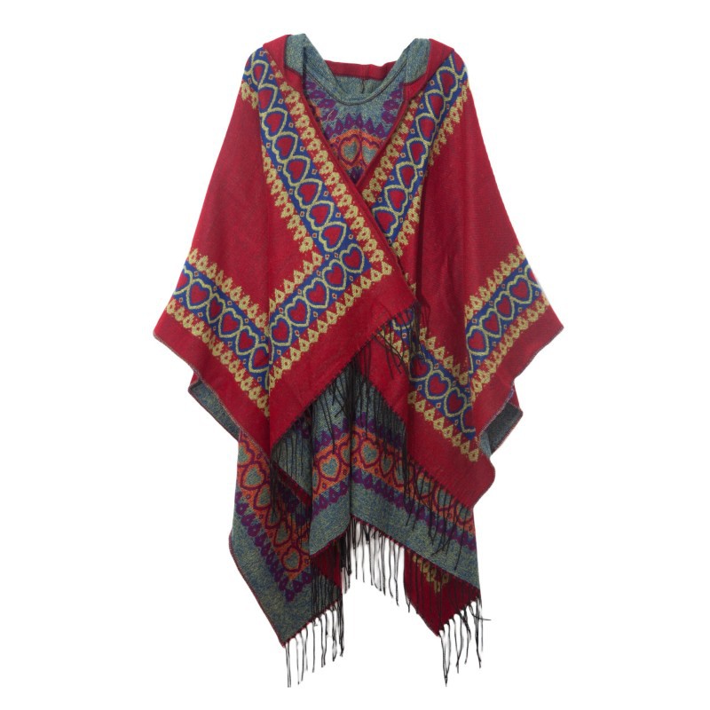 Mantello invernale unisex con scialle primaverile e autunnale Stile etnico Mantello con cappuccio con frange rosse Love_voghion.com
