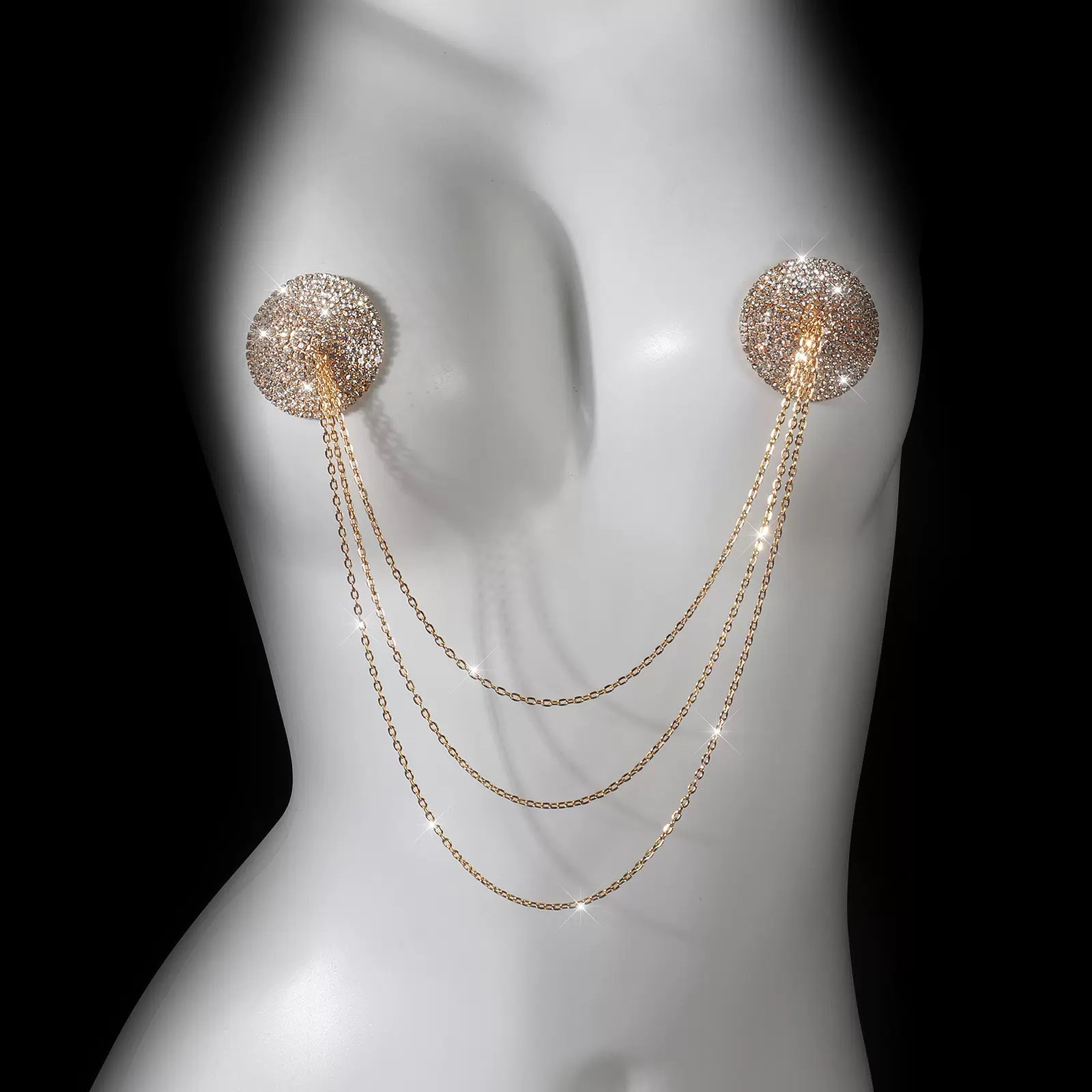 欧美跨境饰品奢华水钻圆圈胸饰金属流苏链条乳贴身体链情趣道具女