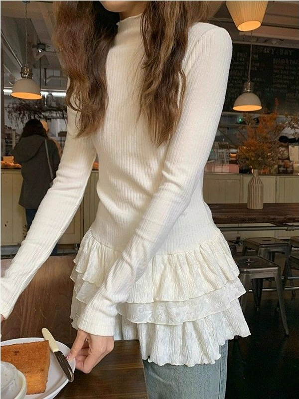 Autumn demi-season lace base body-friendly long-sleeve, high collar, slim fit, lace dress