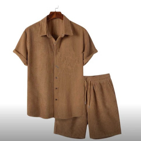 European and American AliExpress Foreign Trade Independent Station Men's Casual Loose Multi-color Beach Wear Corduroy Short-sleeved Set Two-piece Set