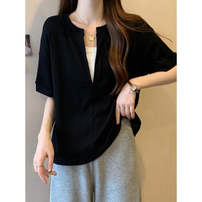 Fake Two-piece V-neck Short-sleeved T-shirt Women's Summer chubby girl Belly Covering Huge Slim-fit Loose Design Short Top