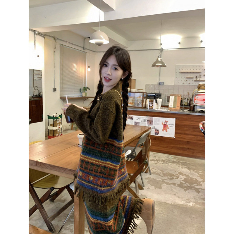 熹凤梨 中古民族风复古流苏针织毛衣半身裙两件套秋冬款