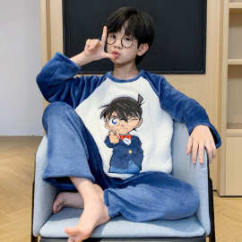 儿童睡衣法兰绒冬季女男珊瑚绒套头中大童男孩法兰绒家居服套装