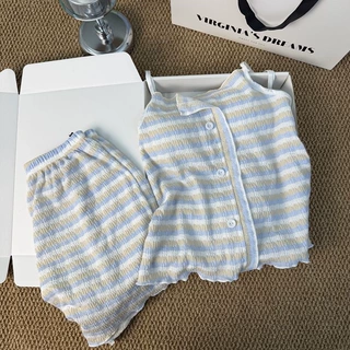 睡衣女夏季带胸垫性感吊带短裤纯欲风薄款条纹无袖夏天家居服套装