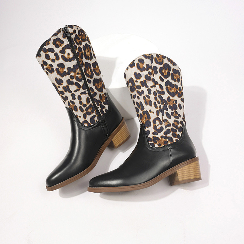 Damenschuhe Stiefel mit spitzer Spitze und dickem Absatz bis zur Mitte der Wade_voghion.com