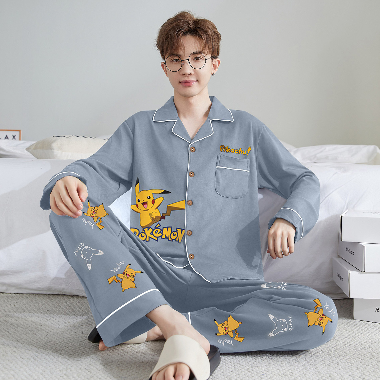 Pajamas for Men Spring and Autum Pure Cotton Lapel Long-Sleeved Youth Cotton Spring and Autum Cardigans Can Be Worn Outside Casual Home Clothes Sets