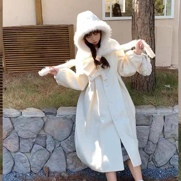 秋冬新款可爱甜美减龄设计感百搭中长款呢子外套宽松连帽毛呢大衣