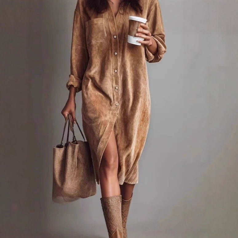 2026 Amazon Independent Site Solid Color Corduroy Lapel Shirt Loose Dress European and American Style Long Sleeve