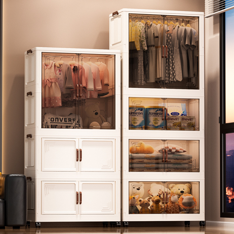 Gabinete de almacenamiento plegable de doble puerta multicapa transparente de gran capacidad Gabinete plegable de sala de estar doméstica dormitorio armario de almacenamiento de juguetes