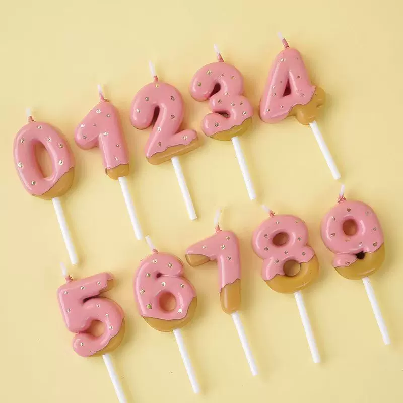 卡通复古粉色巧克力淋面饼干造型0-9数字蜡烛生日蛋糕装饰插件
