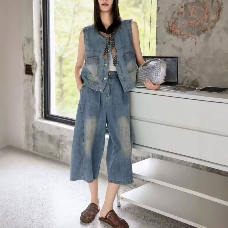Denim Vest + Wide-Leg Pants Two-Piece Set for Women 2026 Spring and Summer Loose Slimming Age-Reducing Casual Suit Summer Suit