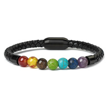 跨境男士天然石皮革手链圆形磁吸扣皮手链8mm虎眼彩石圆绳皮手链