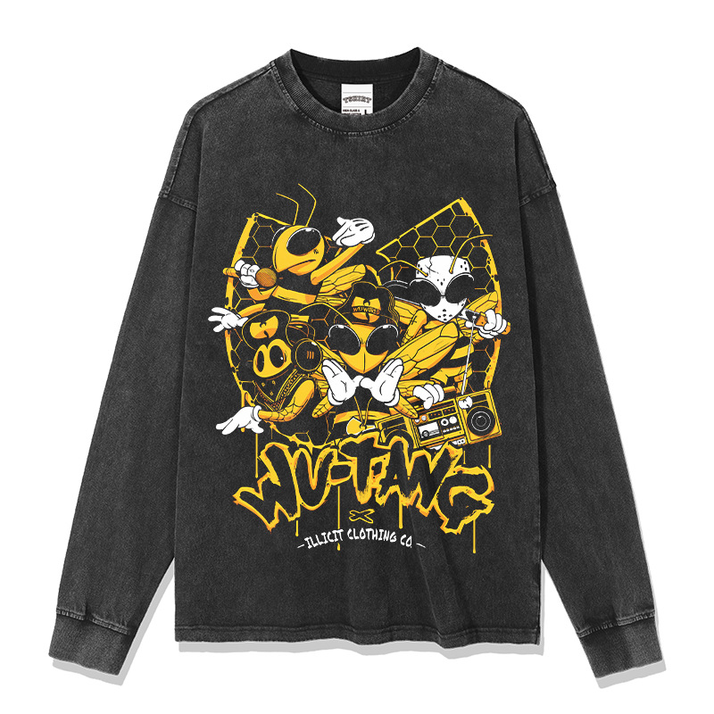 Wu-tang camiseta de manga corta retro americana con estampado lavado y desgastado suéter con capucha y cuello redondo suelto de algodón pesado