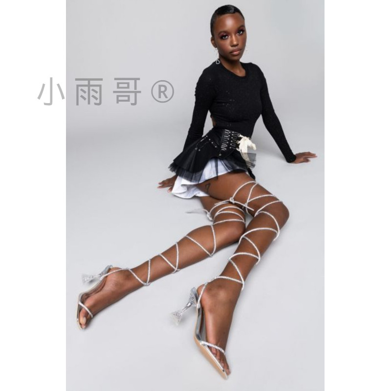 European and American foreign trade crystal heel sandals women's rhinestone long strap square head high heel Fashion Shoes