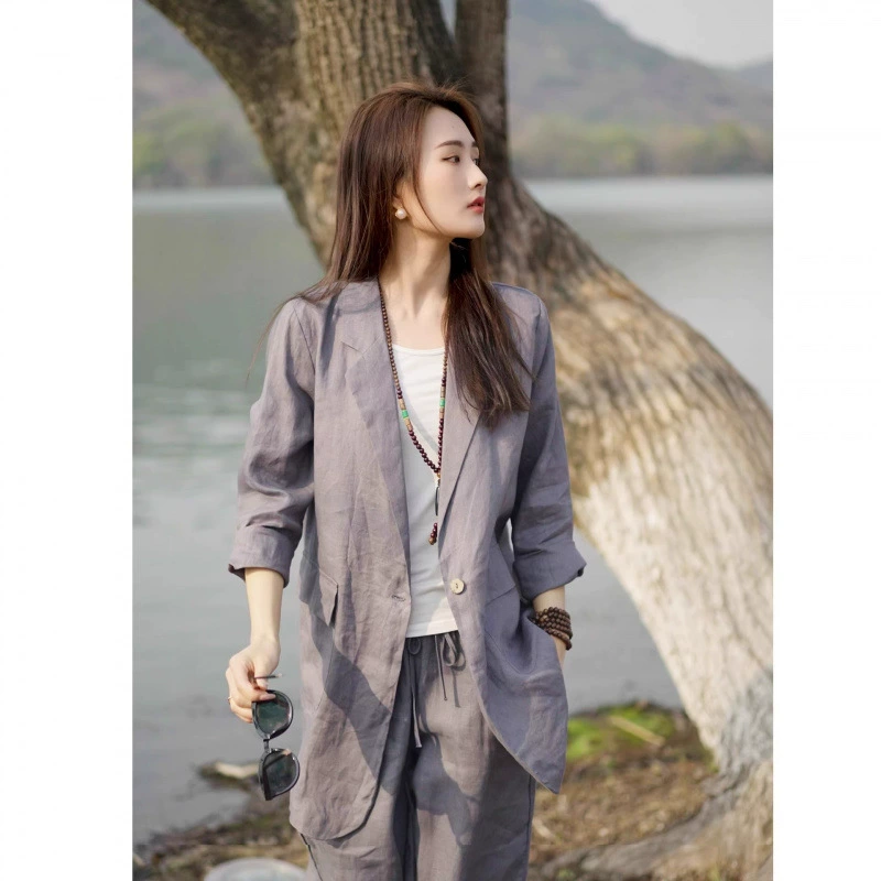 Retro suit, coat, jacket, cotton and linen, plus size