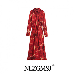 2024 autumn new women's European and American style fashion simple silk satin texture printing dress 9146092