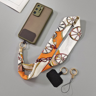 Trendy Silk Scarf Phone Lanyard Clip for Women, Neck Strap Card Holder, Widened Anti-Strangle Anti-Loss Phone Strap