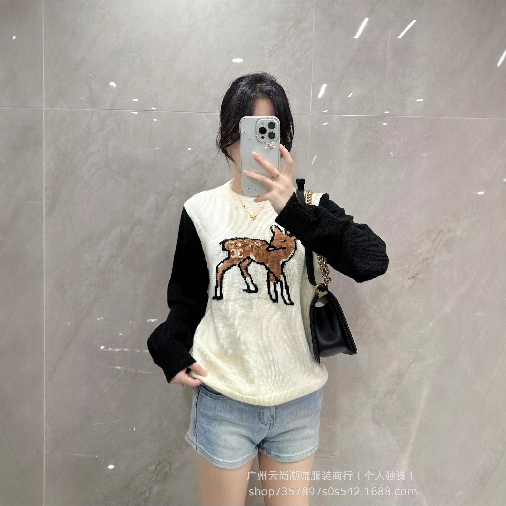 小香风蝴蝶结和小鹿提花撞色针织毛衣女 25秋冬圆领长袖气质上衣