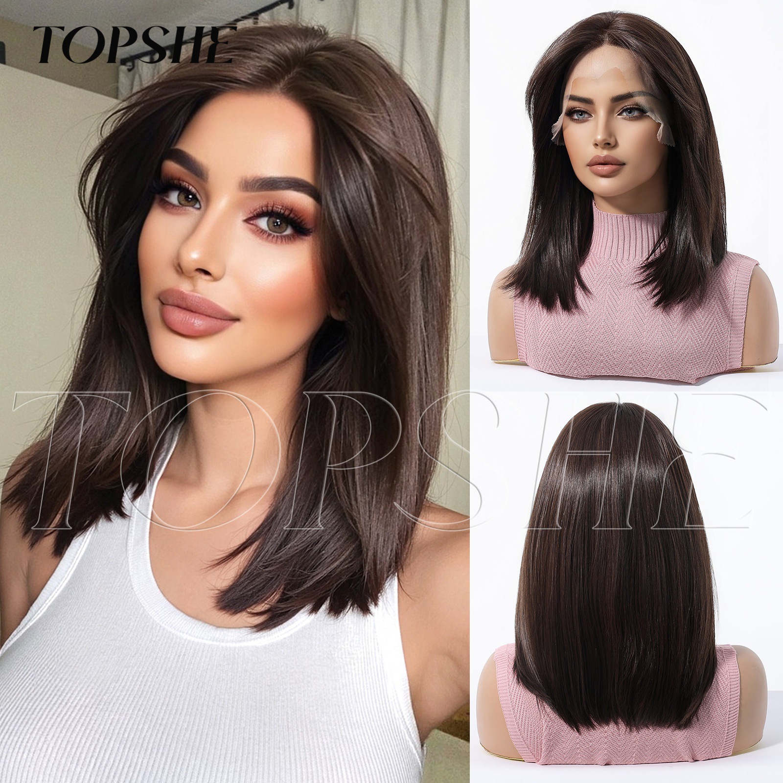 13*6 Large Area Lace Full Wig Shoulder-Length Black Tea Color Natural Realistic Matte High-Temperature Fiber Lace Wig Short Hair