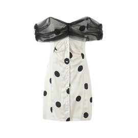 法式一字领露肩蕾丝拼接抹胸连衣裙少女大波点印花修身包臀短裙