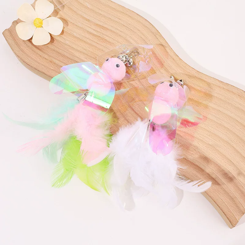 Cross-border colorful sequin bee teasing cat stick replacement head cute little bee feather tail teasing cat artifact factory wholesale