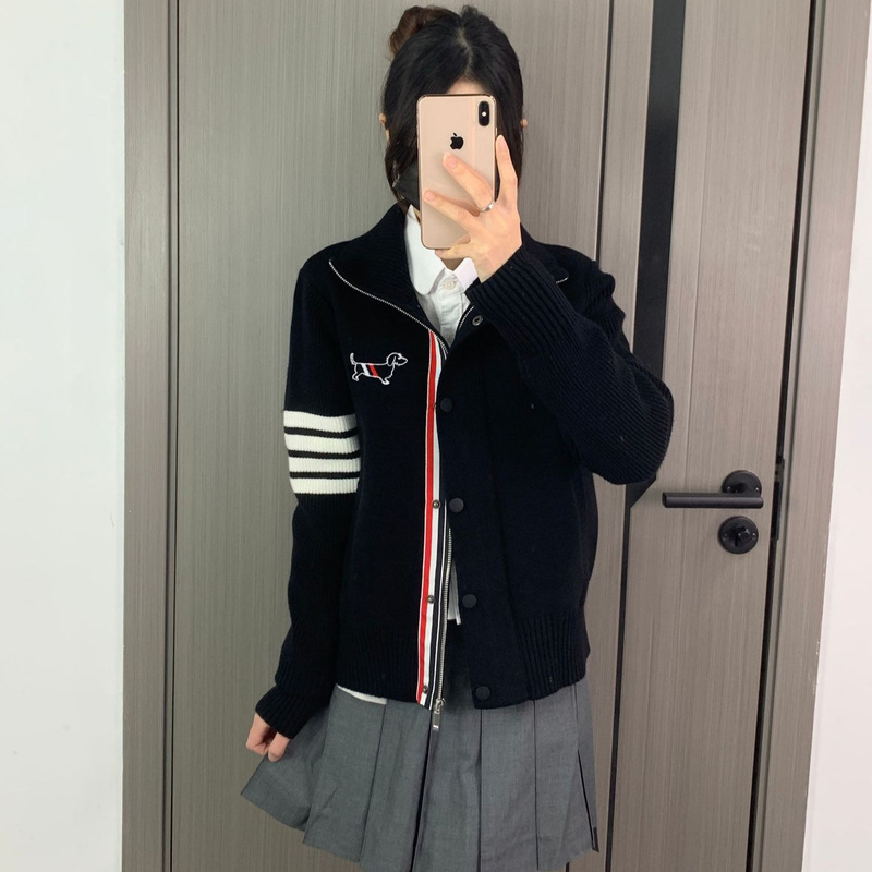 Tb Knitwear New Puppy Embroidered Button Zipper Preppy Style Four-Bar Stripesd Turtleneck Cardigan Jacket