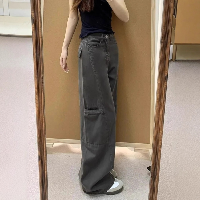 灰色阔腿牛仔工装裤女2025夏季新款高腰宽松显瘦百搭直筒拖地裤子|undefined
