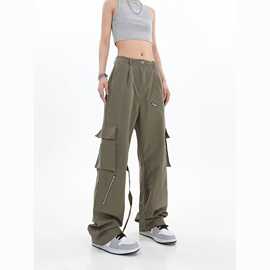 高街嘻哈拉链装饰多口袋工装裤女秋新款高腰宽松直筒休闲运动长裤