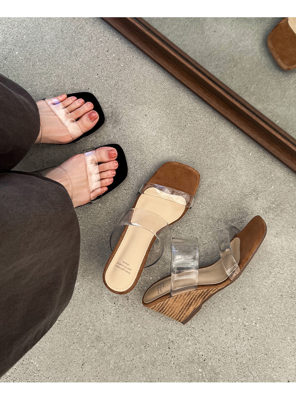 Dép sandal nữ quai chữ V gót cao 7 cm, phong cách nghỉ dưỡng, thiết kế trong suốt — màu nâu chi tiết 1
