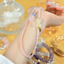 批发天然粉水晶九尾狐黄水晶蝴蝶结手机链挂件钥匙扣包挂原创饰品