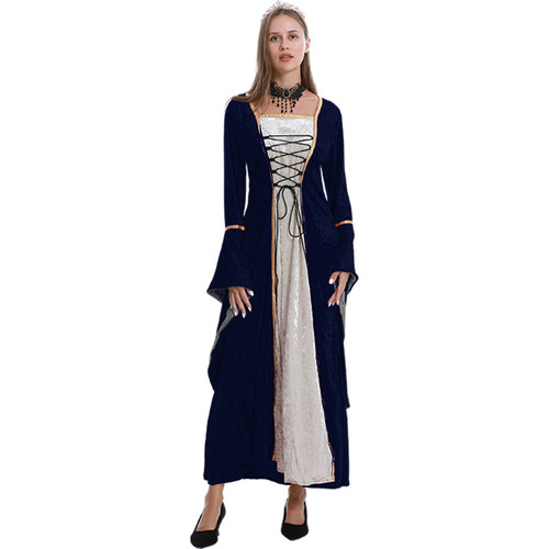 外贸欧美大码女装金丝绒绑带喇叭袖复古中世纪连衣裙舞台表演服装
