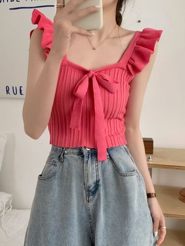 Bow-knot ear-edge knitted top  summer new style French slim solid color short camisole women's clothing