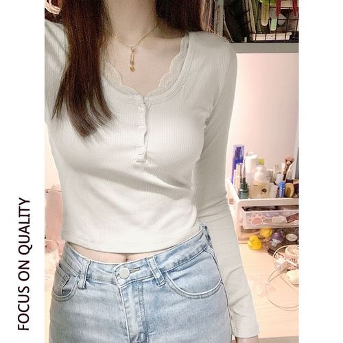 Lace ribbed long-sleeved women's T-shirt autumn winter stylish base shirt innerwear pure desire short-sleeved top