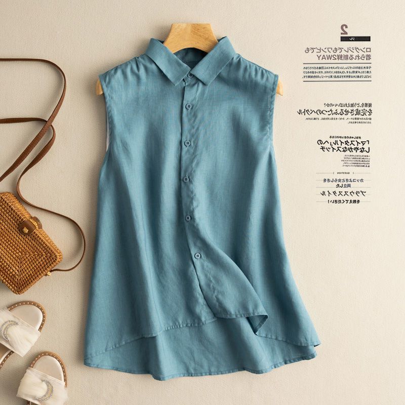 2025 New Sleeveless Linen Shirt Literary Retro Pure Color Cotton and Linen Top Summer Loose Linen Shirt