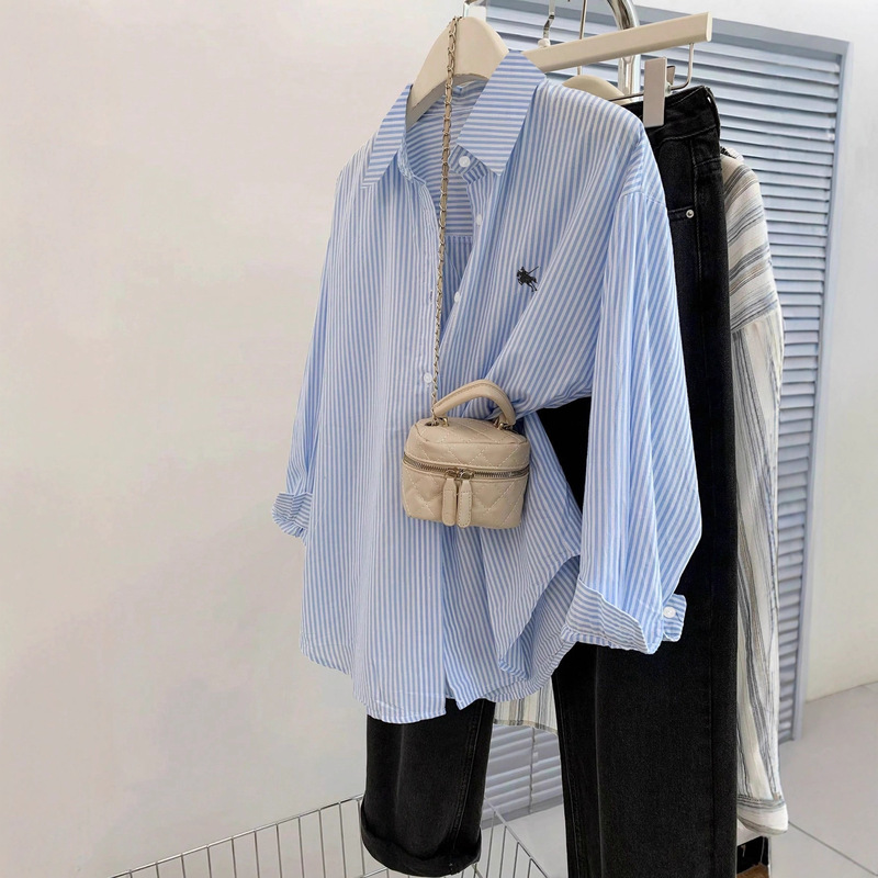 New Blue Striped Versatile Lapel Shirt Simple Elegant Layered Fashion Long-Sleeve Top Jacket New Blue Striped Versatile Lapel Shirt Simple Elegant Layered Fashion Long-Sleeve Top Jacket