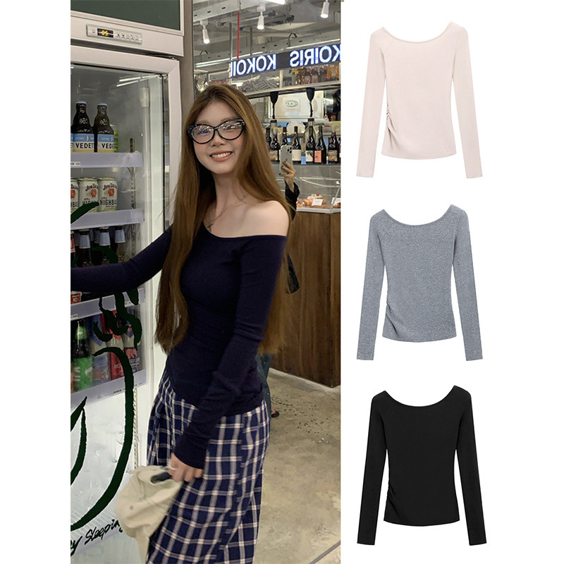 Pure Spice Girls Slim-Fit Slimming Shoulder Long-Sleeved T-Shirt Women's Early Autumn Niche Design Sense All-Match Base Shirt Top