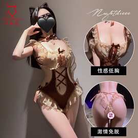 魅俪蔻性感猫女郎蕾丝情趣内衣低胸绑带设计免脱诱惑连体衣装2314