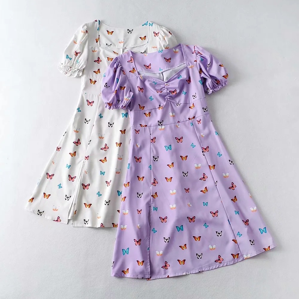 Vestido de manga farol con estampado de mariposa de temperamento NSAC34040