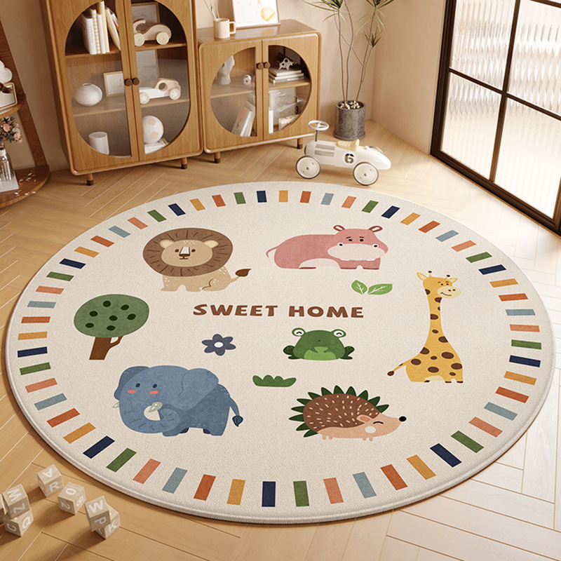 Cute Cartoon Living Room Carpet Children's Early Education Climbing Mat Household Round Stain-Resistant Washable Crystal Velvet Carpet
