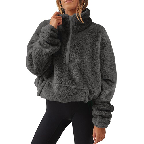 Women’s Fleece-Lined Padded Half-Zip Stand-Neck Sweater—Autumn/Winter European and American Style New Arrival