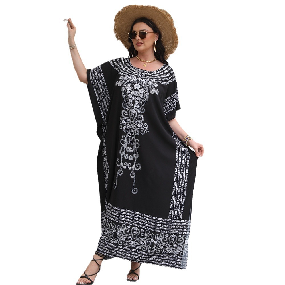 Cruz-frontera europea y americana estilo étnico impreso playa blusa suelta más el vestido de tamaño bikini camisa de protección solar 5D193