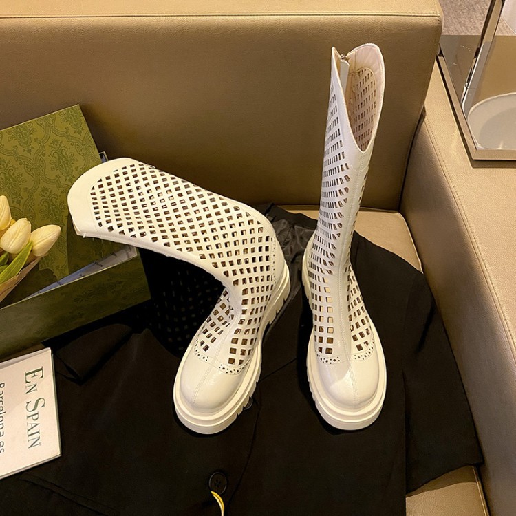 Boot nữ da bò đế dày cổ cao ống lưới — Màu nâu ống lớn, Màu đen cổ ống lớn, Ống nhỏ màu đen, Chu vi ống lớn màu trắng Be chi tiết 16