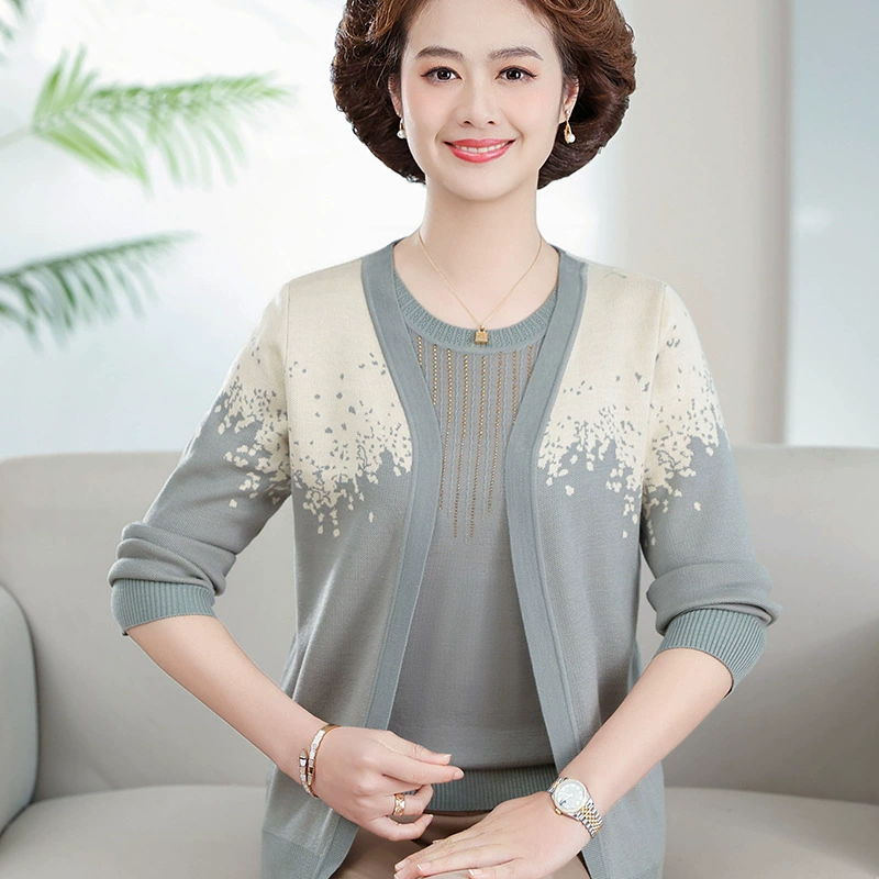 Мама весенняя одежда пальто в западном стиле Тонкий вязаный кардиган для 40 лет, 50 лет, для женщин среднего и пожилого возраста, весенне-осенний топ-костюм из двух частей