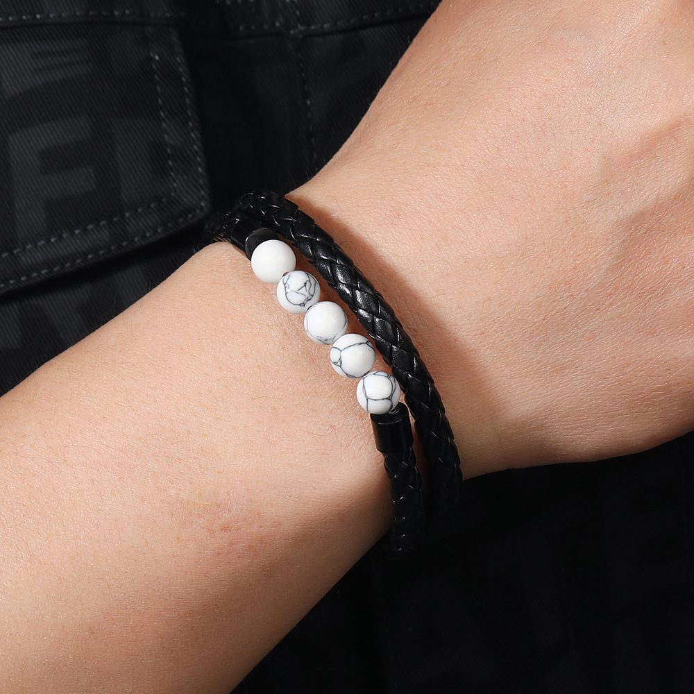 21g Weight Bangle Classification Pu Leather Chain Material 1 Piece Quantity Daily Occasion Pu Leather, Alloy Material Geometric Pattern All Seasons Season Men's Gender Beaded, Handmade Design Vintage Style, Punk Style Vintage Style Punk Geometric Pu Leather Alloy Beaded Handmade Men's Bangle Men Cord & Leather Bracelets 12