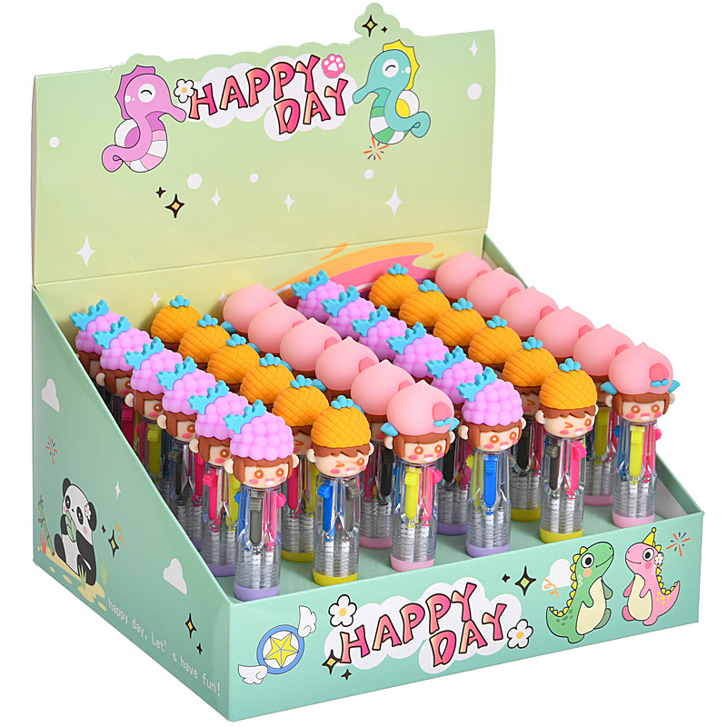 Bonita gorra de fruta niña mini dibujos animados bolígrafo de cuatro colores bolígrafo multicolor bolígrafo de cuentas de mano estudiantes premios papelería al por mayor