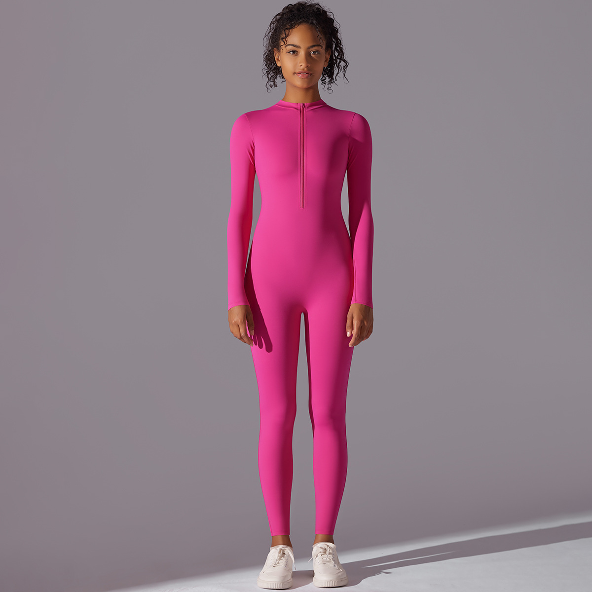 Transfronterizo europeo y americano color sólido alto elástico medio abierto cremallera apretado largo jumpsuit deportes corriendo fitness manga larga ropa de yoga