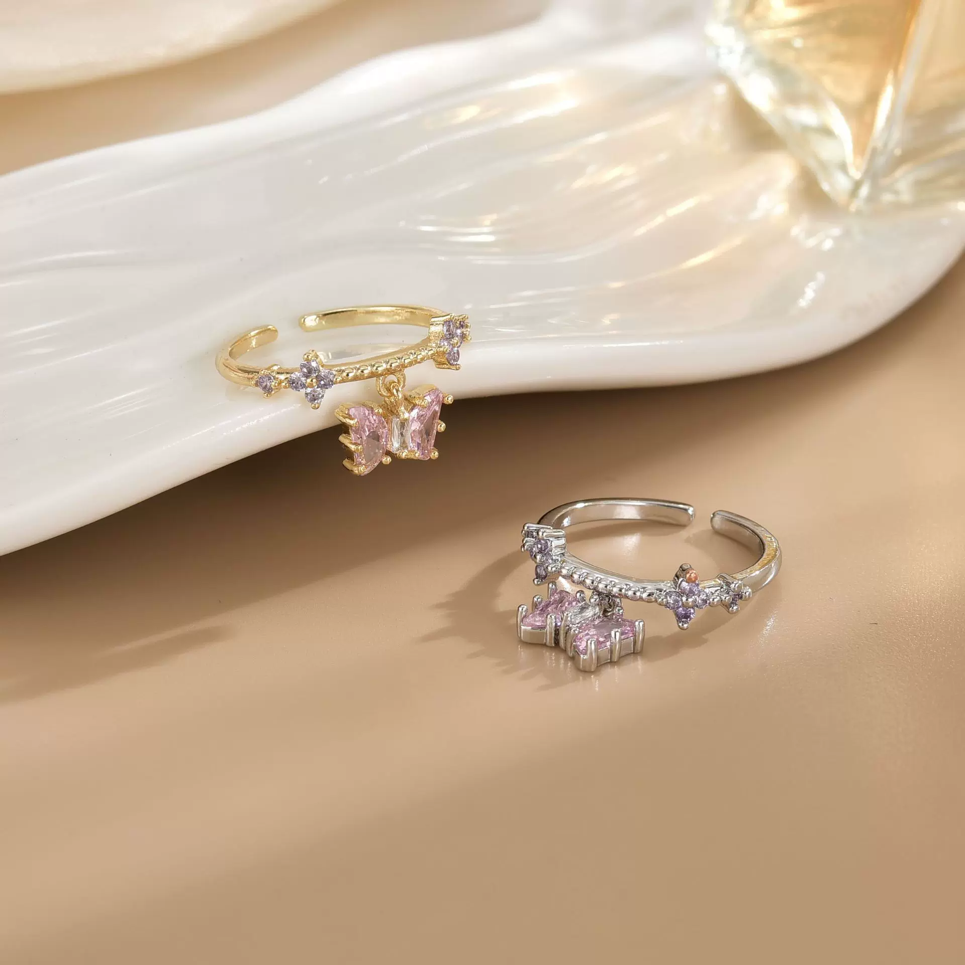 跨境热销INS蝴蝶设计锆石开口可调节活口戒指女甜美可爱气质戒指