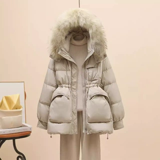 2024年冬季新款羽绒服女短款真貉子大毛领收腰显瘦时尚白鸭绒外套