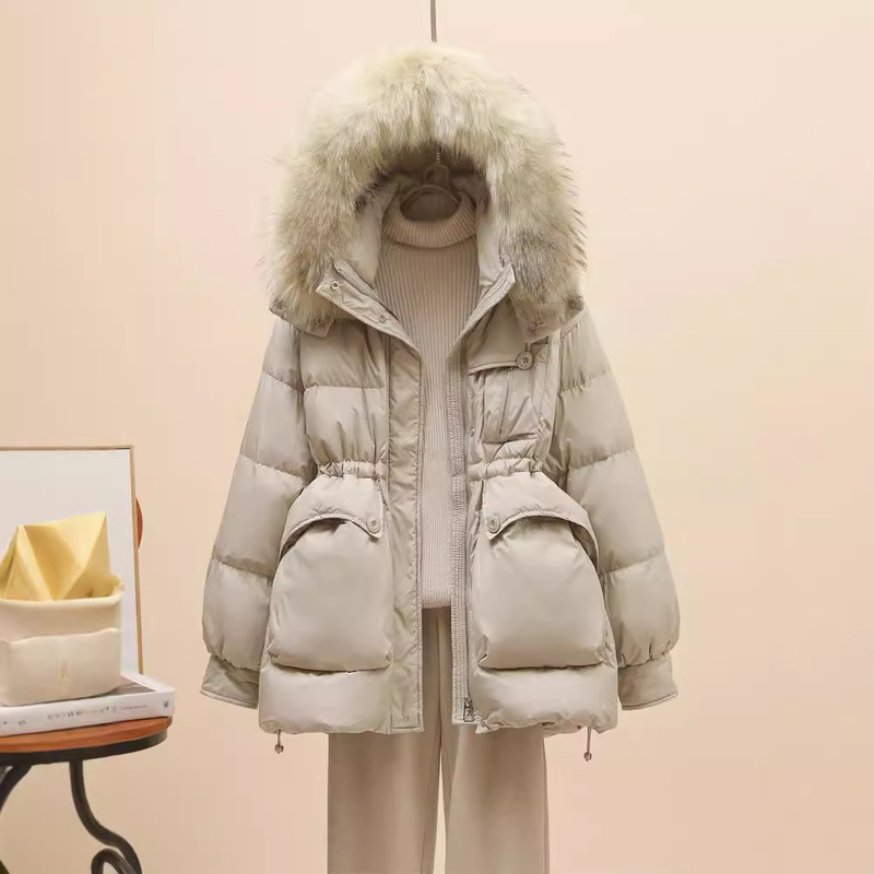 2024 New Winter down Jacket Women's Short True Raccoon Large Fur Collar Waist Slimming Look Fashionable White Duck down Jacket